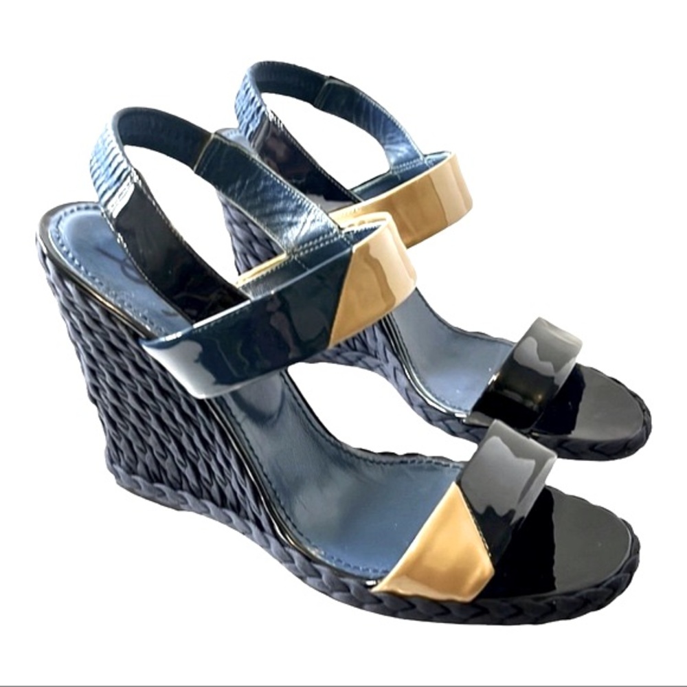 YSL Patent Leather Color Block Wedge Sandal, size 8